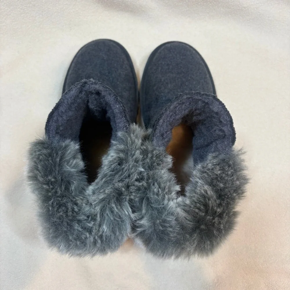 NWOT Bearpaw Womens Sz 7 Charcoal Gray‎ Wool Faux Fur Trim Buckle Ankle Boots